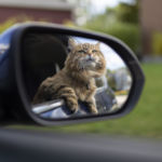 Gato doméstico observado pelo retrovisor interior de um automóvel