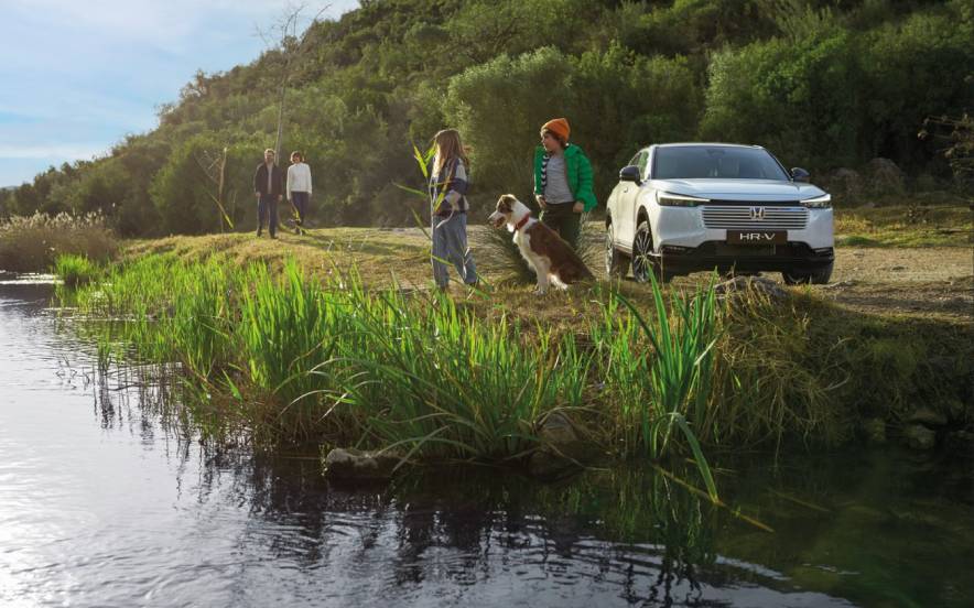 Família junto a um lago; duas crianças e um cão em primeiro plano, adultos ao fundo, com um automóvel estacionado na margem e vegetação abundante em redor.
