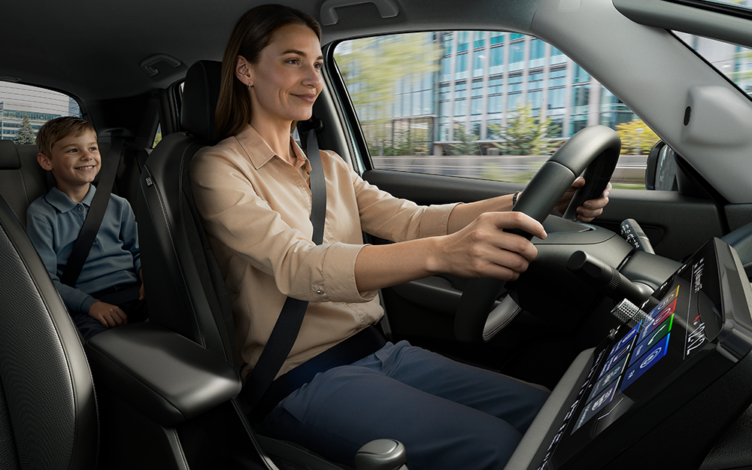 Mãe a conduzir um carro com expressão tranquila, usando cinto de segurança, enquanto uma criança sorri sentada no banco traseiro; ao fundo, vê-se um ambiente urbano através da janela.